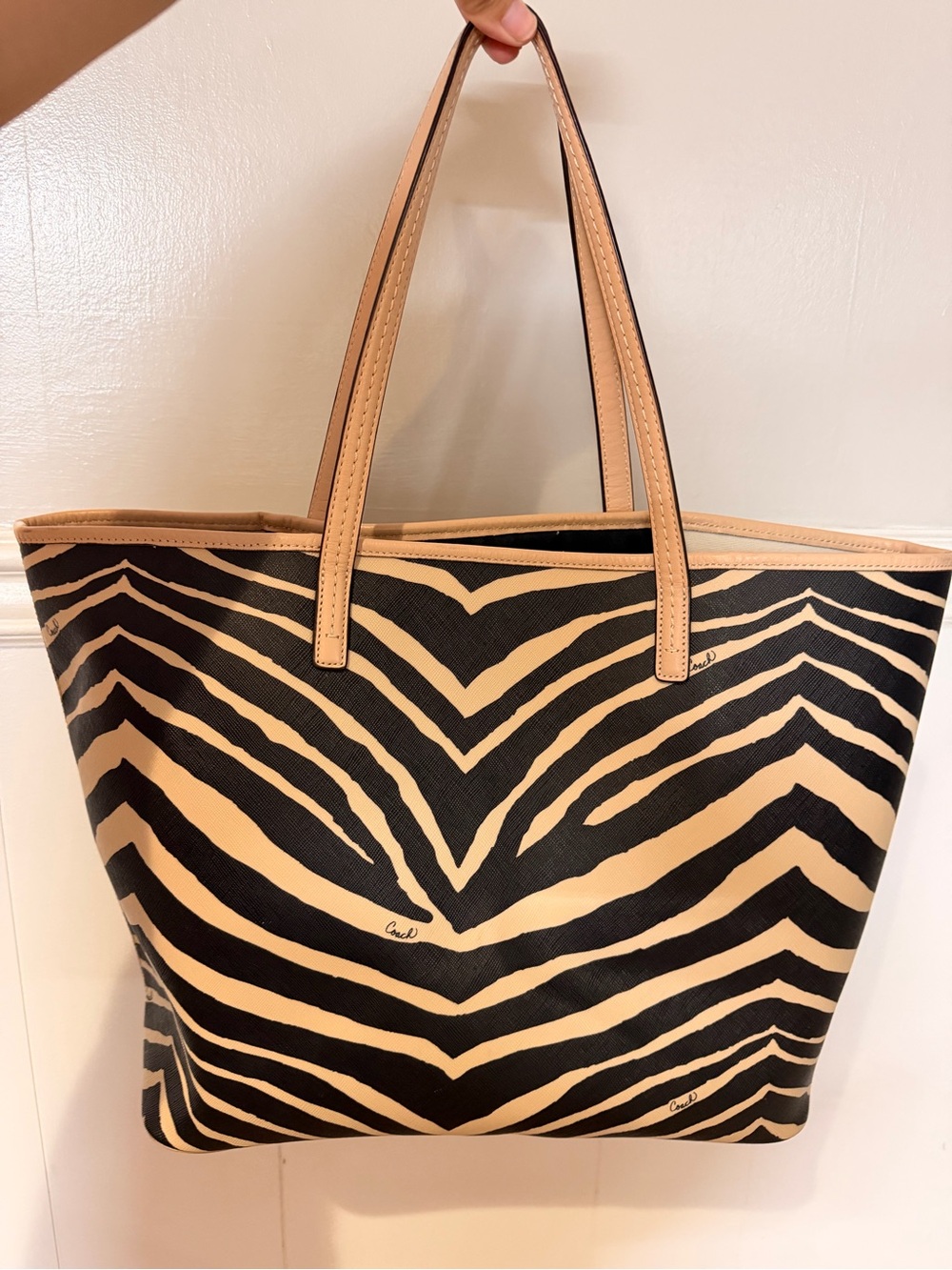 Coach Zebra-Print Leather Tote Bag in Black and Tan - Picture 2 of 6